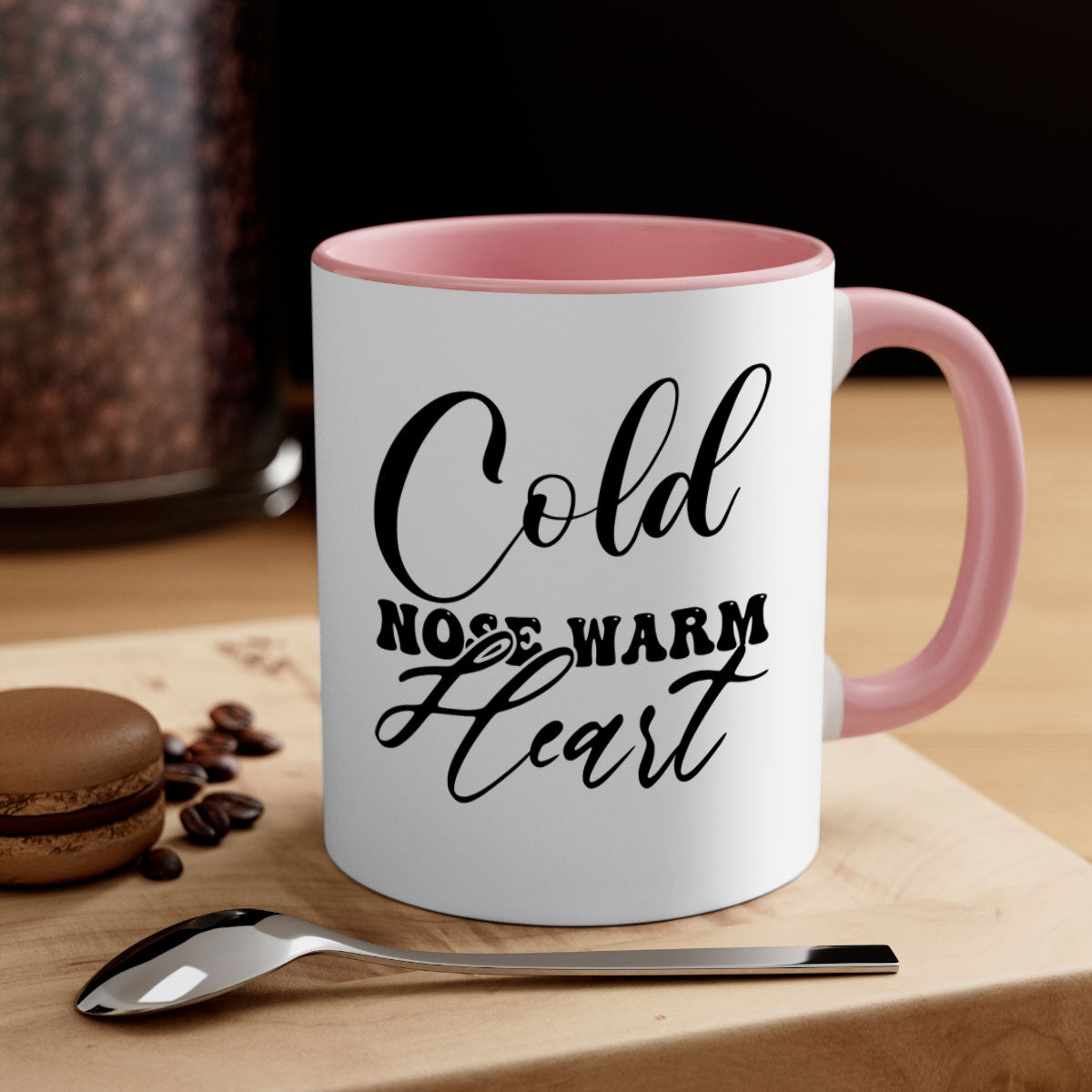 Cold Nose Warm Heart Mug with glossy finish and colorful handle, available in multiple sizes.