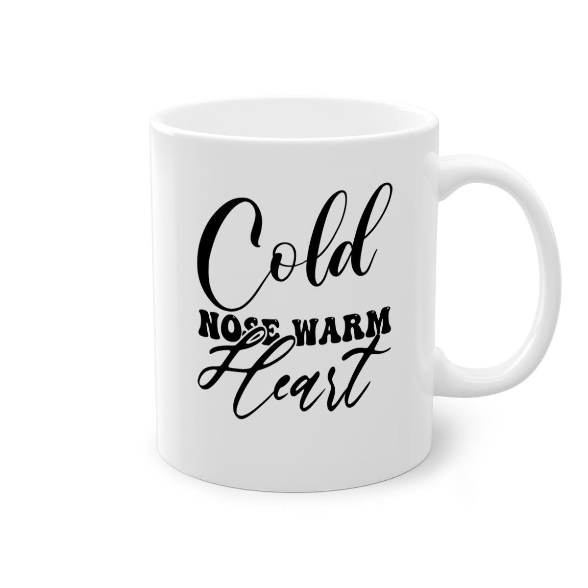 Cold Nose Warm Heart Mug with glossy finish and colorful handle, available in multiple sizes.