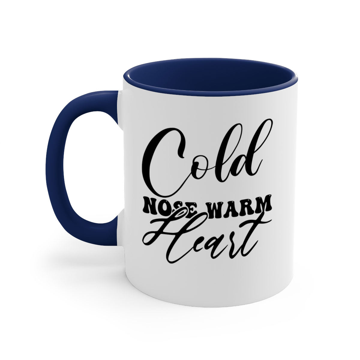 Cold Nose Warm Heart Mug with glossy finish and colorful handle, available in multiple sizes.
