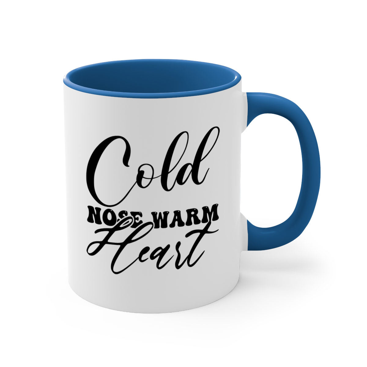 Cold Nose Warm Heart Mug with glossy finish and colorful handle, available in multiple sizes.