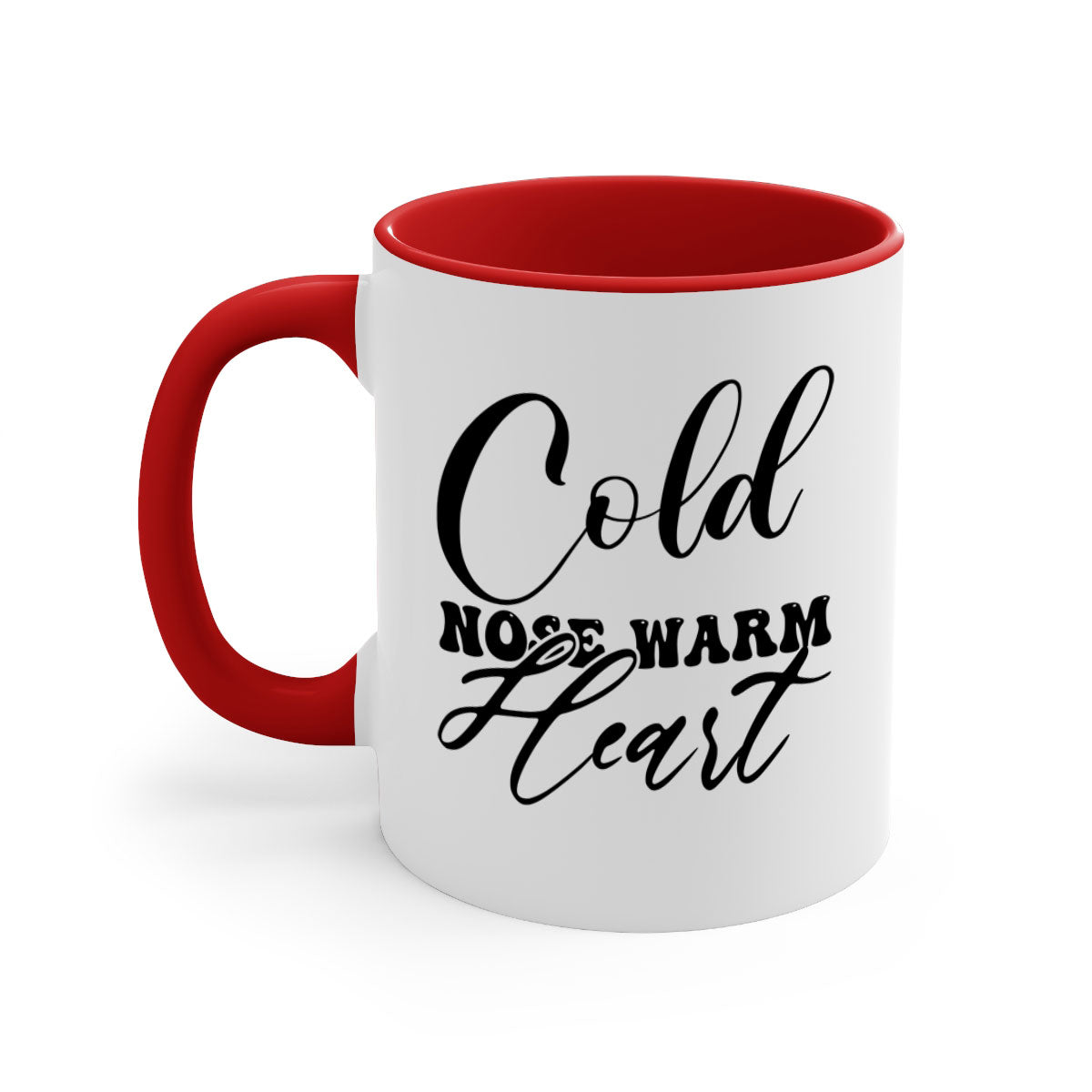 Cold Nose Warm Heart Mug with glossy finish and colorful handle, available in multiple sizes.