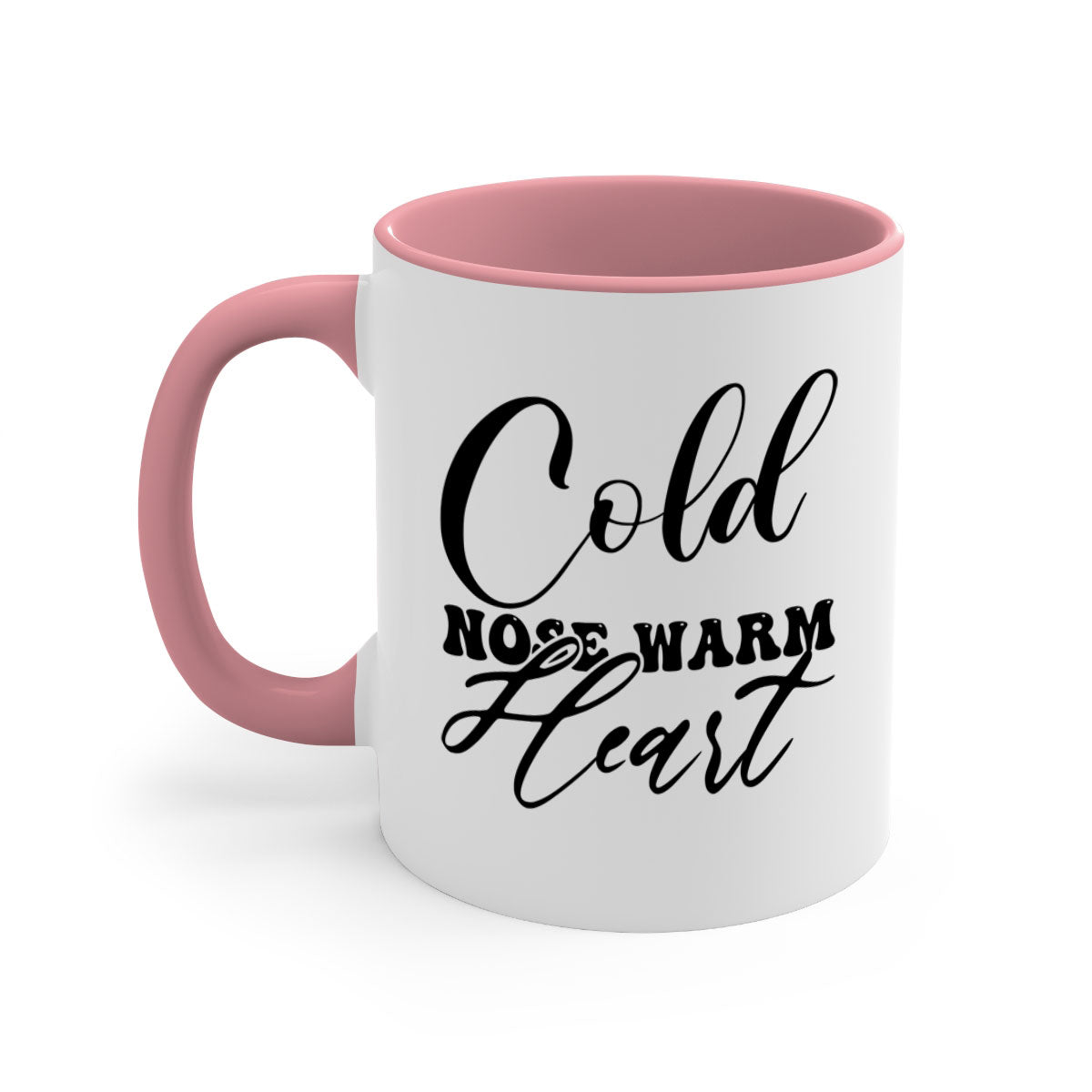 Cold Nose Warm Heart Mug with glossy finish and colorful handle, available in multiple sizes.