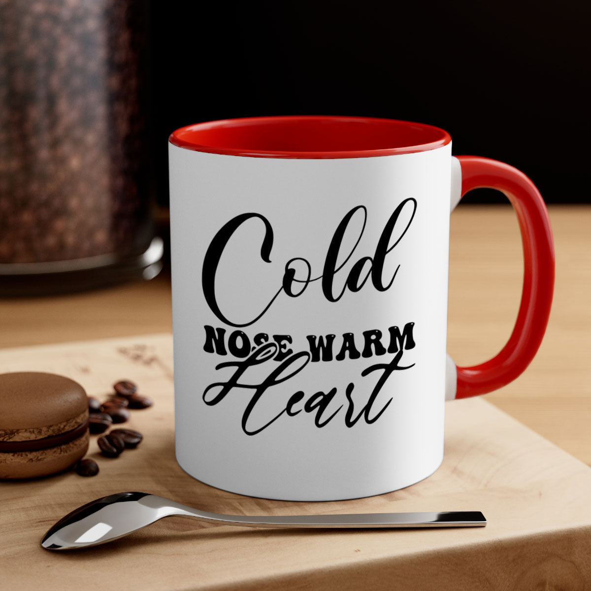 Cold Nose Warm Heart Mug with glossy finish and colorful handle, available in multiple sizes.