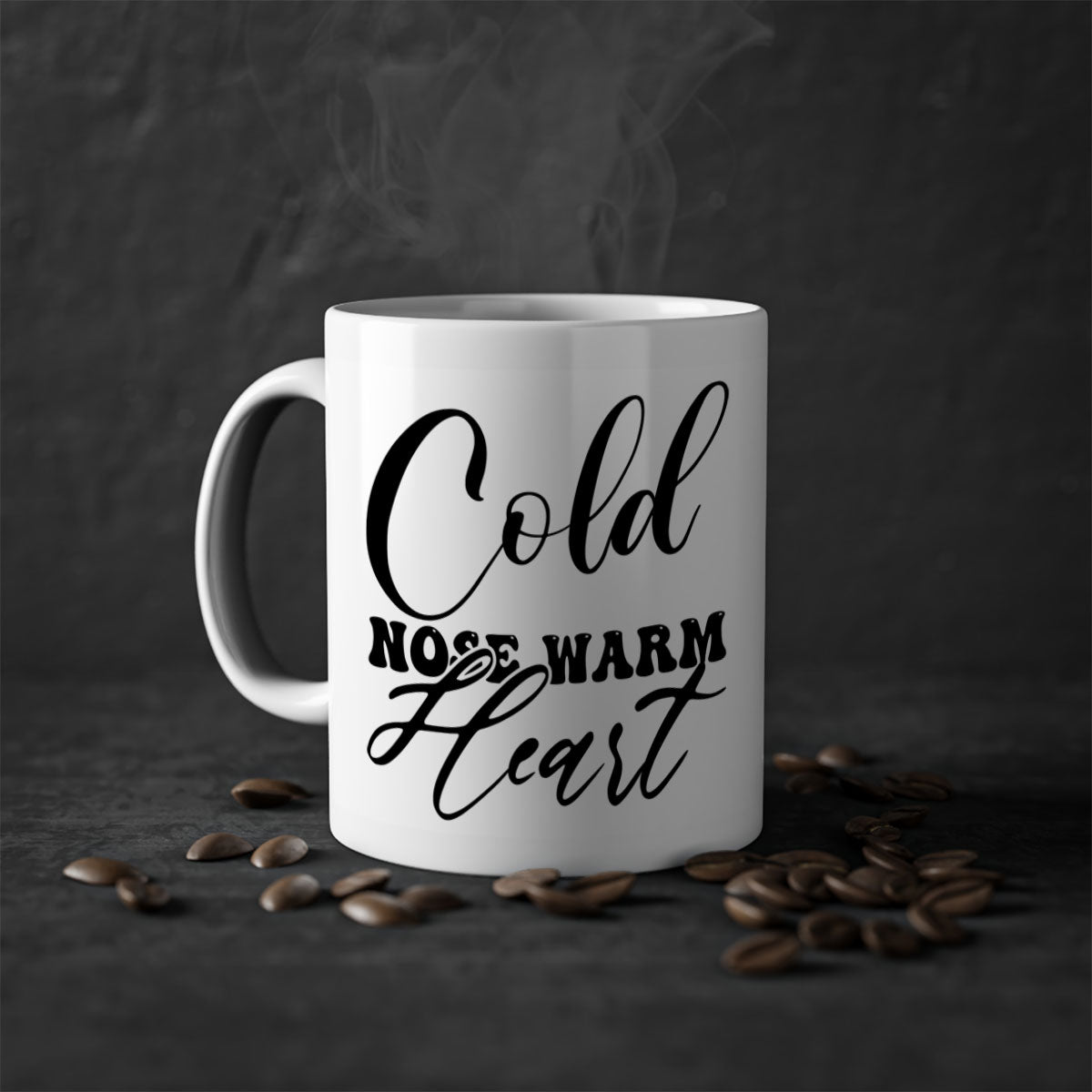 Cold Nose Warm Heart Mug with glossy finish and colorful handle, available in multiple sizes.