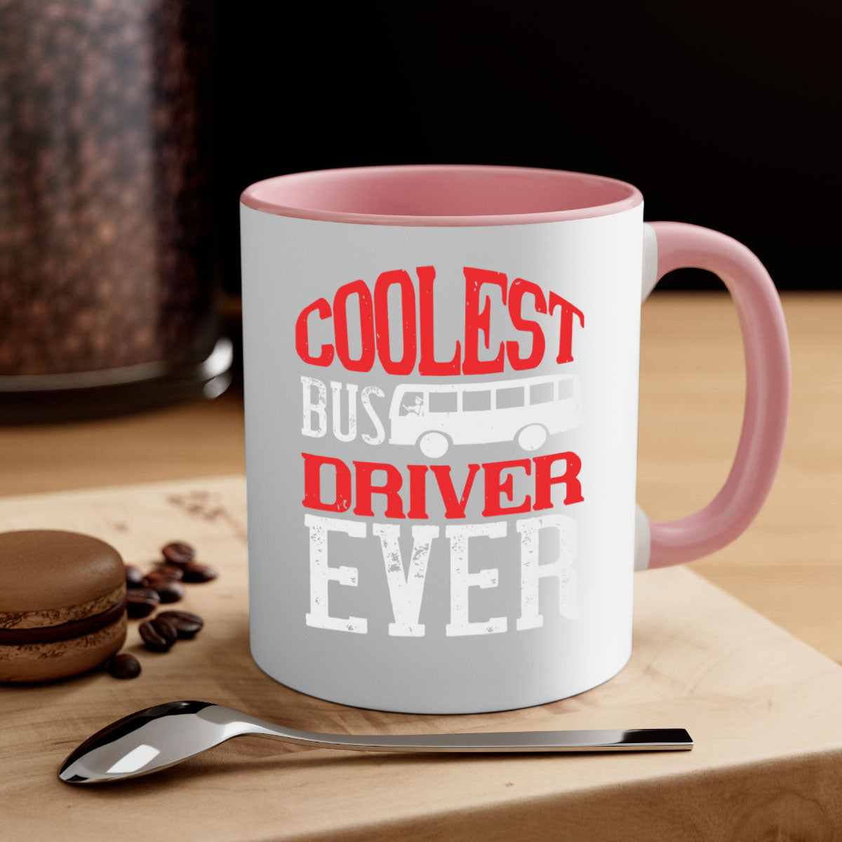 Coolest bus driver ever mug with colorful handle and glossy finish, available in multiple colors and sizes.