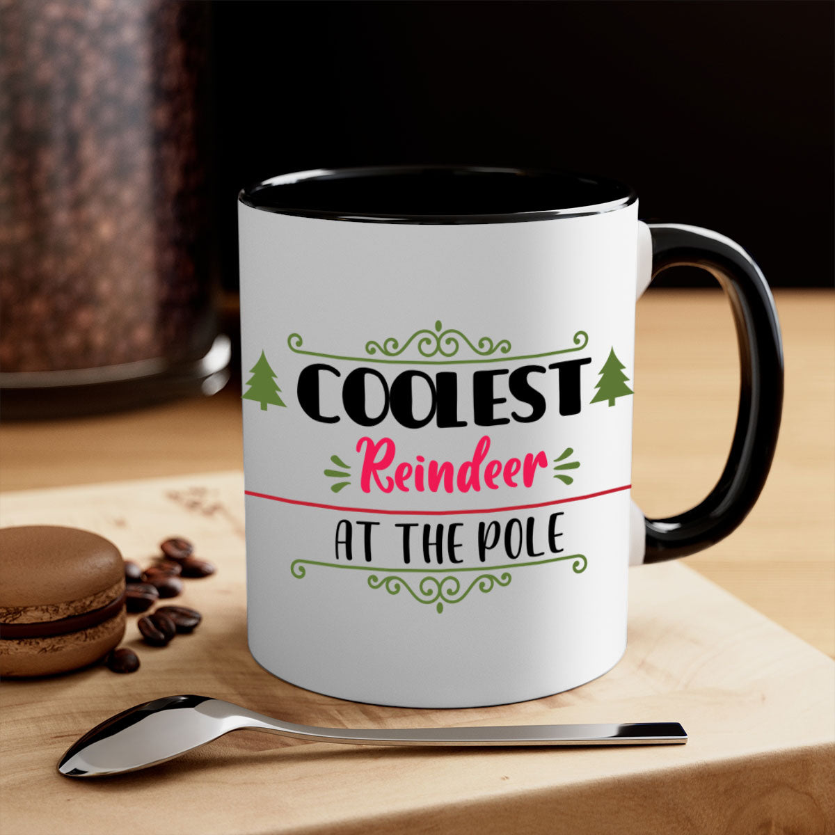 Coolest reindeer at the pole style 141# mug with colorful handle and glossy finish, perfect for coffee and tea.