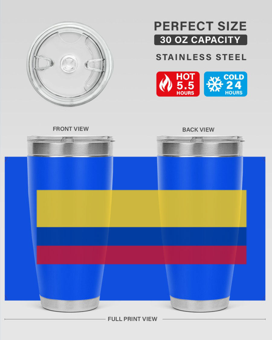 Colombia 161# Tumbler showcasing vibrant colors and double wall vacuum insulation, perfect for hot and cold beverages.