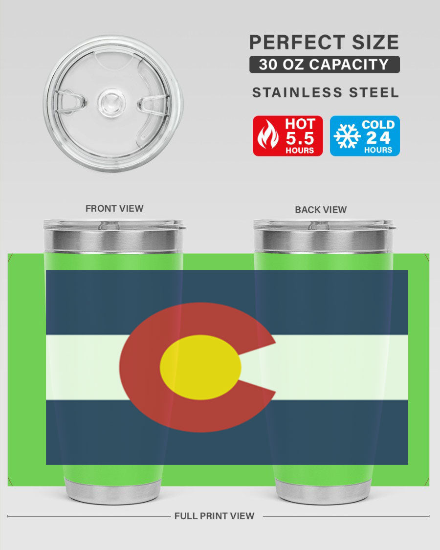 Colorado 46# US Flags Tumbler showcasing its double wall vacuum insulation and vibrant design.