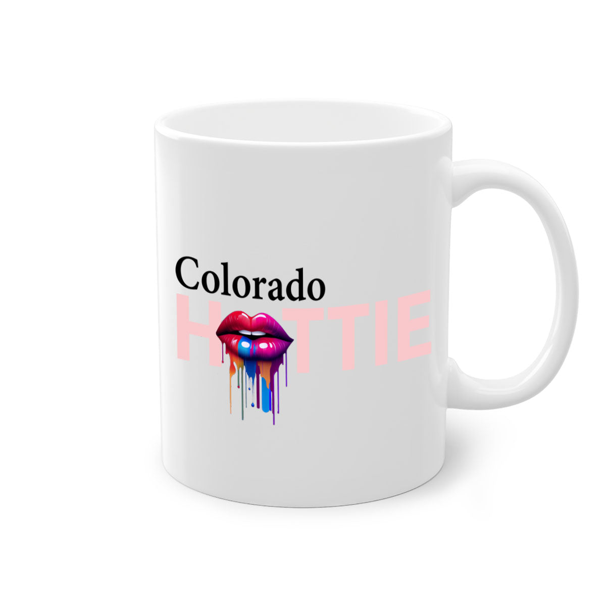 Colorado Hottie Mug featuring dripping lips design with a glossy finish and colorful handle.