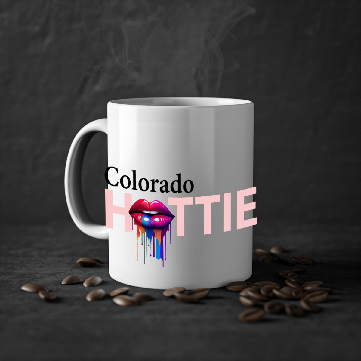 Colorado Hottie Mug featuring dripping lips design with a glossy finish and colorful handle.