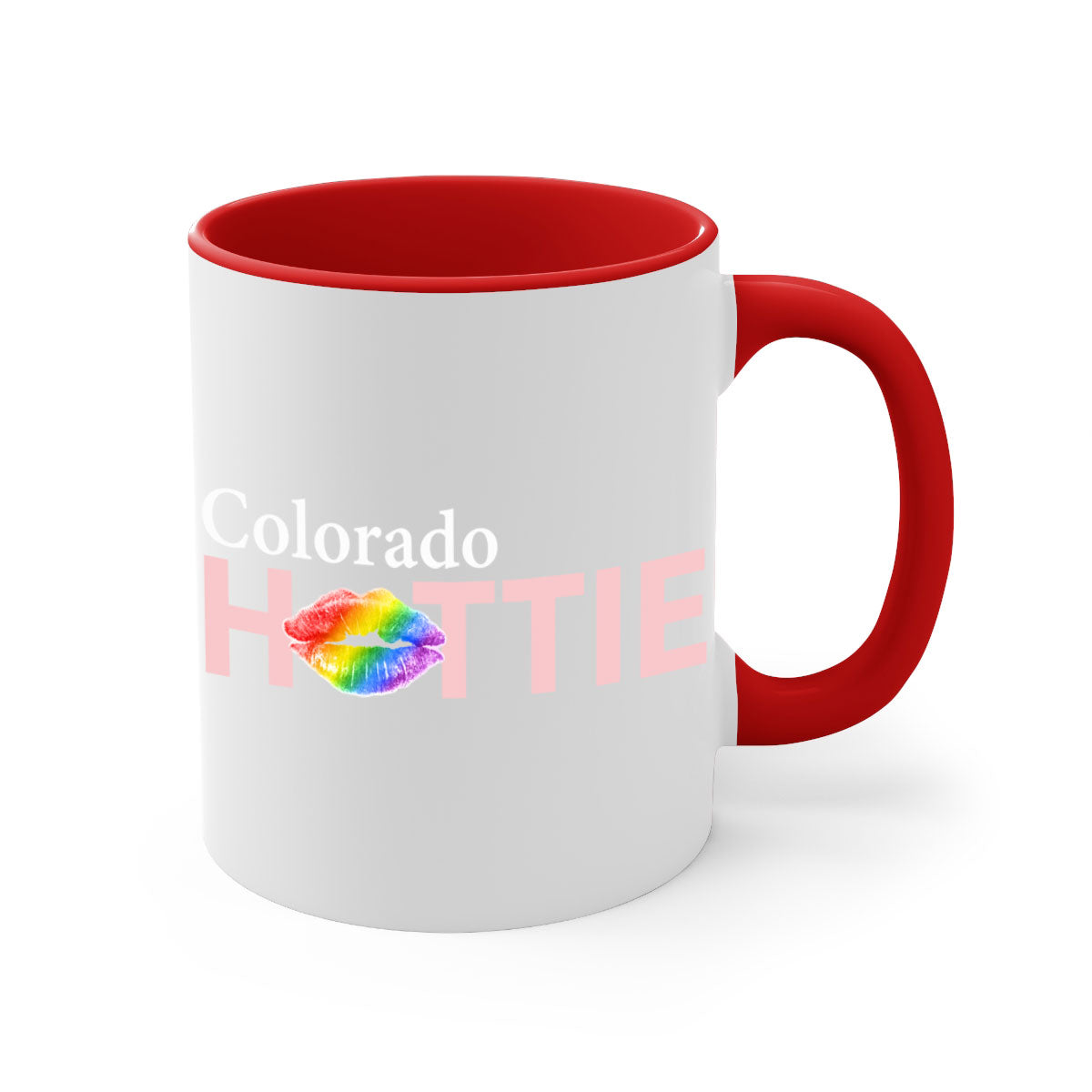 Colorful Colorado Hottie Mug featuring rainbow lips design with a glossy finish and C-shaped handle.