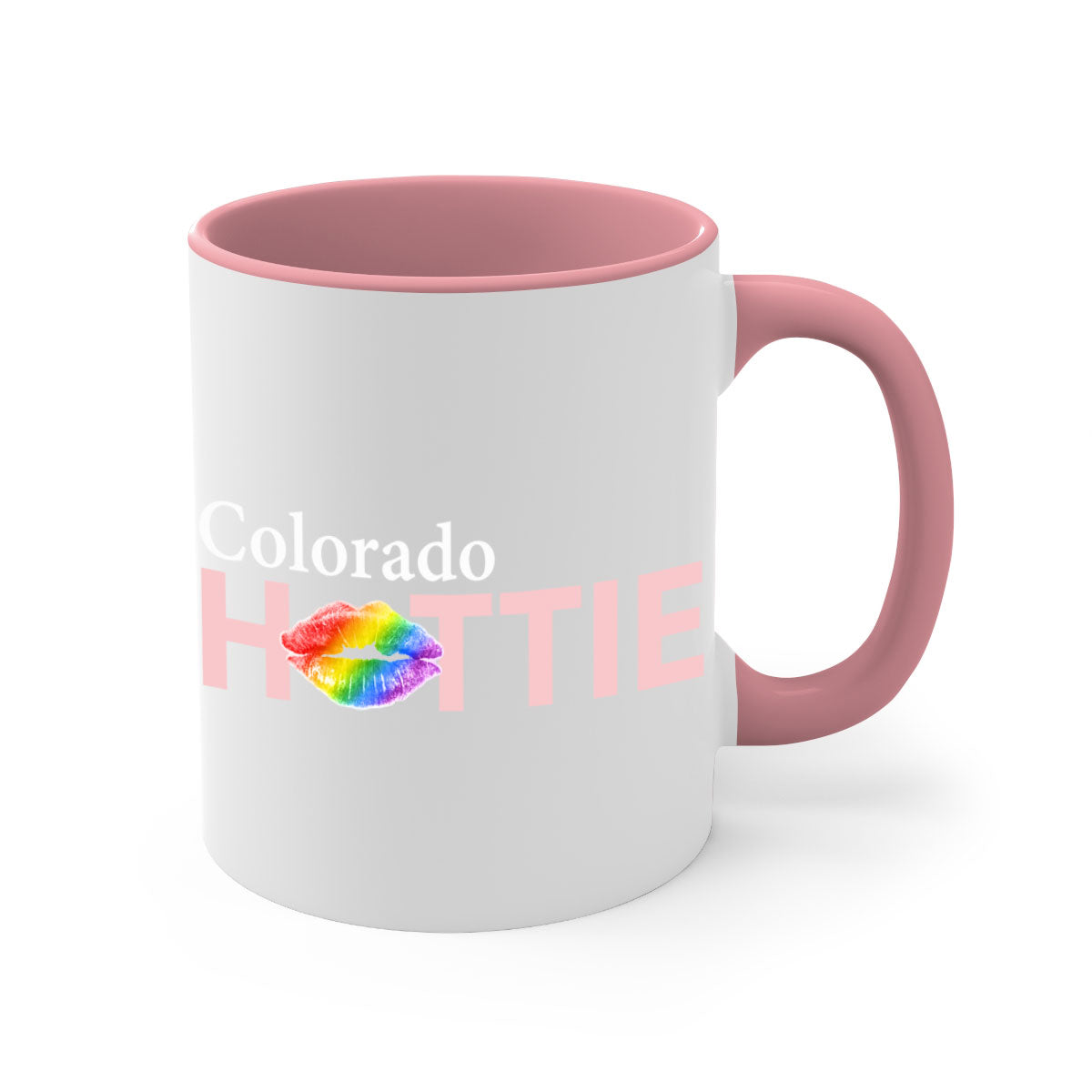 Colorful Colorado Hottie Mug featuring rainbow lips design with a glossy finish and C-shaped handle.