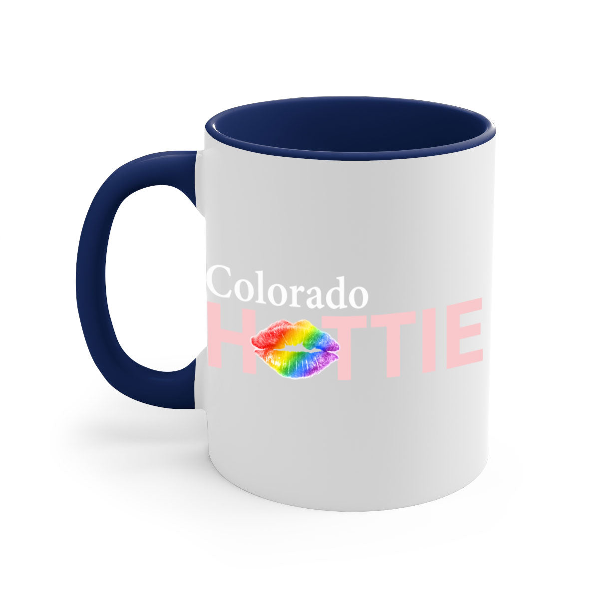 Colorful Colorado Hottie Mug featuring rainbow lips design with a glossy finish and C-shaped handle.