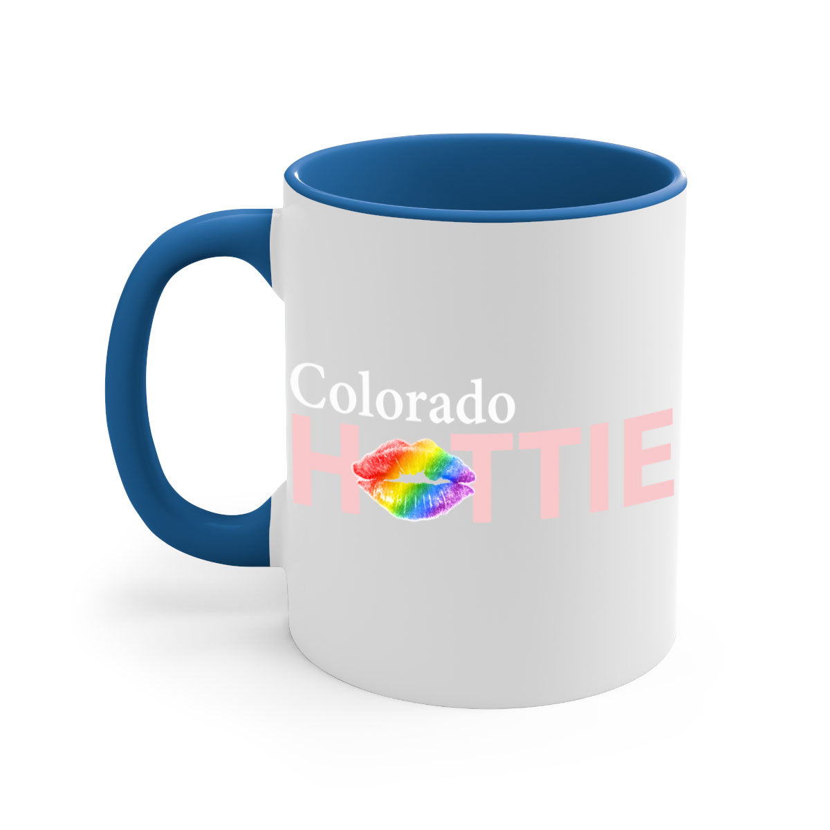 Colorful Colorado Hottie Mug featuring rainbow lips design with a glossy finish and C-shaped handle.
