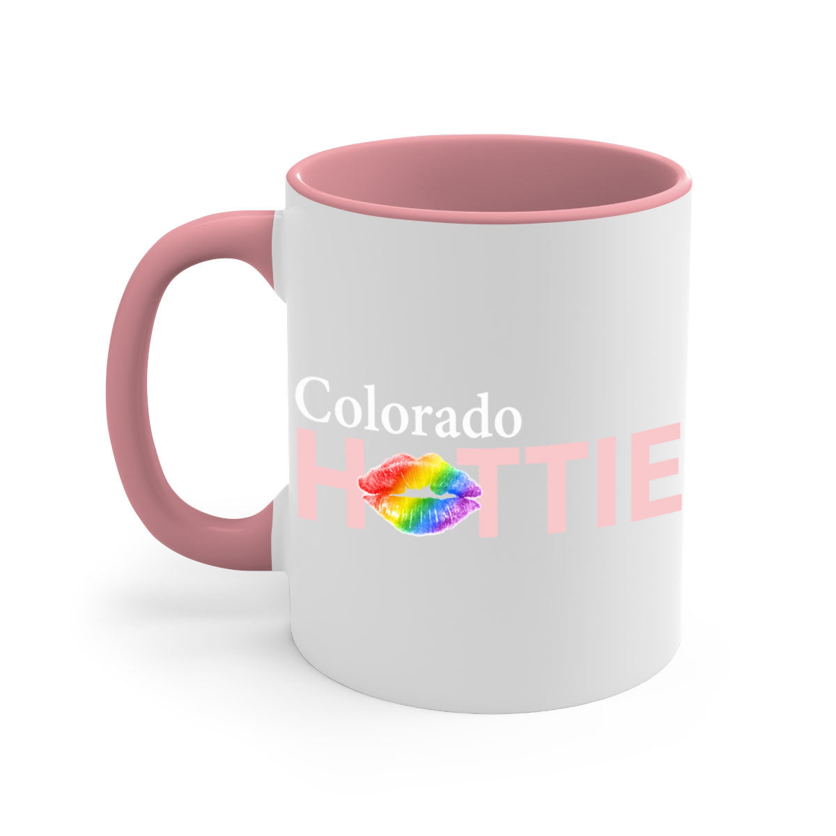 Colorful Colorado Hottie Mug featuring rainbow lips design with a glossy finish and C-shaped handle.