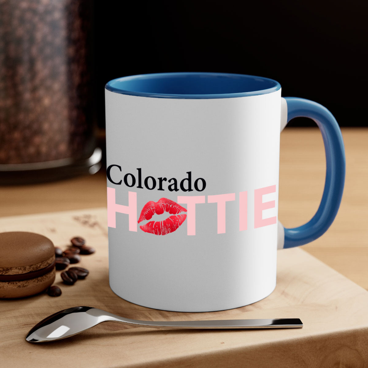 Colorado Hottie With Red Lips Mug featuring a glossy finish and colorful handle, perfect for coffee and tea lovers.