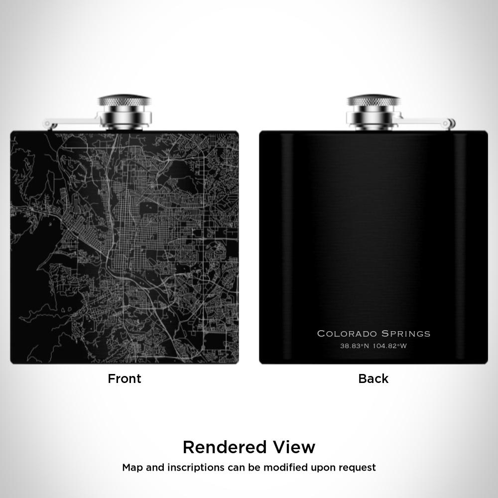 Custom engraved matte black hip flask featuring a map of Colorado Springs, Colorado, with coordinates, alongside a canvas bag and funnel.