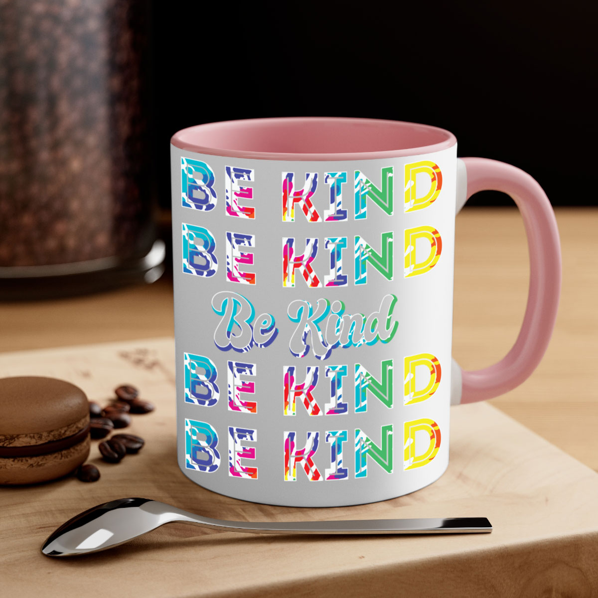 Colorful bekind LGBT mug with a glossy finish, featuring a colored handle and interior, available in multiple colors.