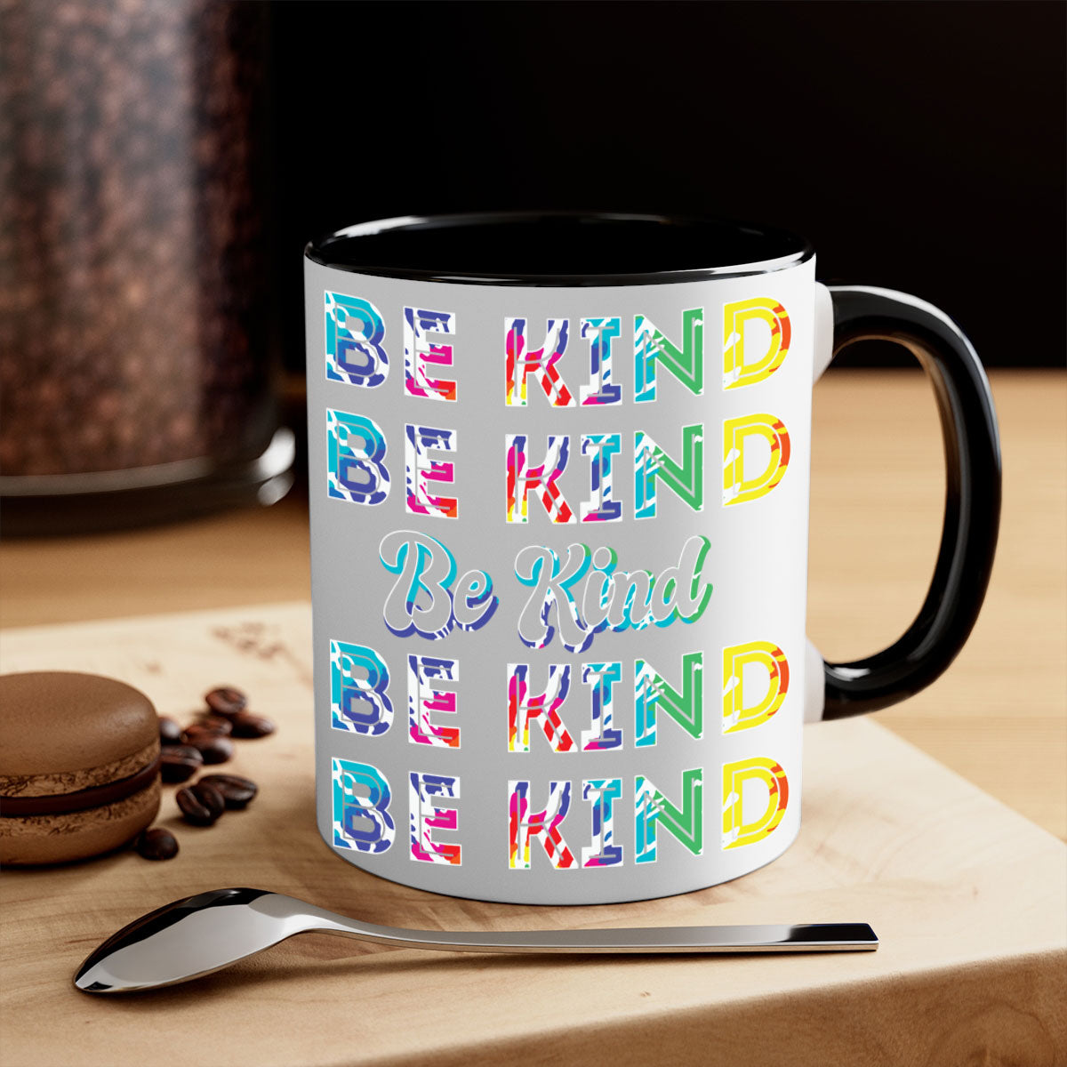 Colorful bekind LGBT mug with a glossy finish, featuring a colored handle and interior, available in multiple colors.