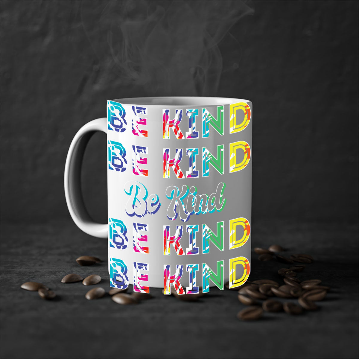 Colorful bekind LGBT mug with a glossy finish, featuring a colored handle and interior, available in multiple colors.