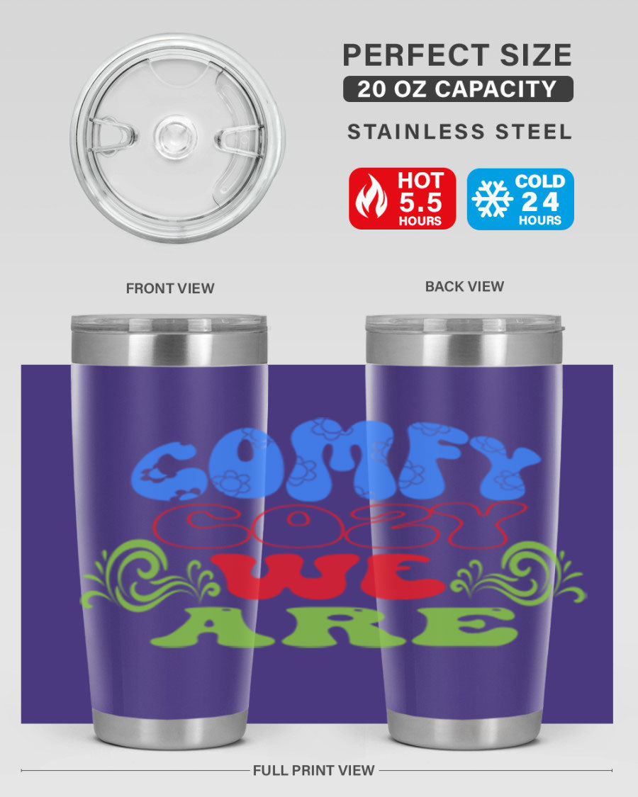 Comfy Cozy We Are 58# Winter Tumbler in stainless steel with a drink-thru lid, showcasing its sleek design and vibrant print.