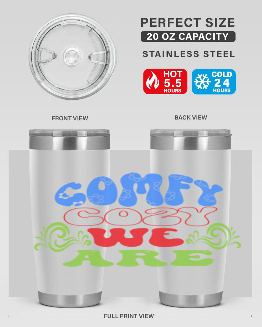 Comfy Cozy We Are 58# Winter Tumbler in stainless steel with a drink-thru lid, showcasing its sleek design and vibrant print.