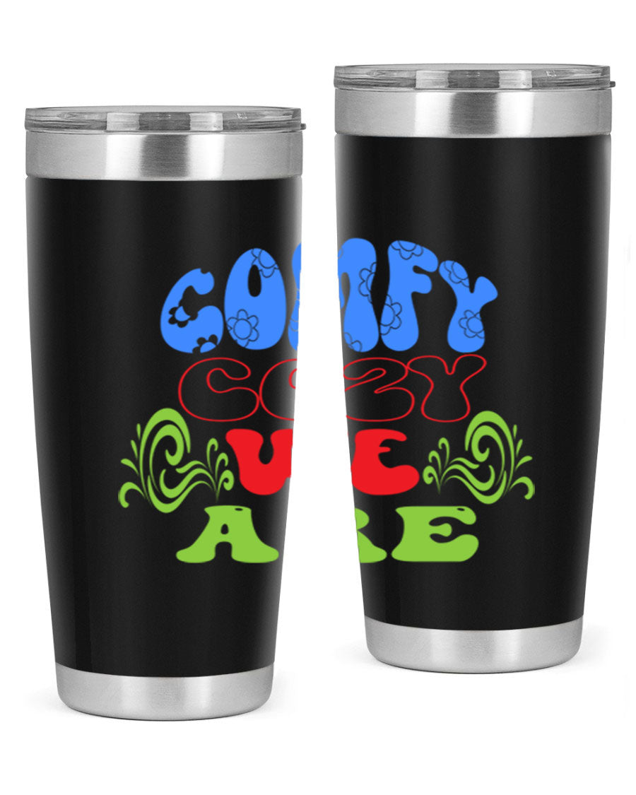 Comfy Cozy We Are 58# Winter Tumbler in stainless steel with a drink-thru lid, showcasing its sleek design and vibrant print.