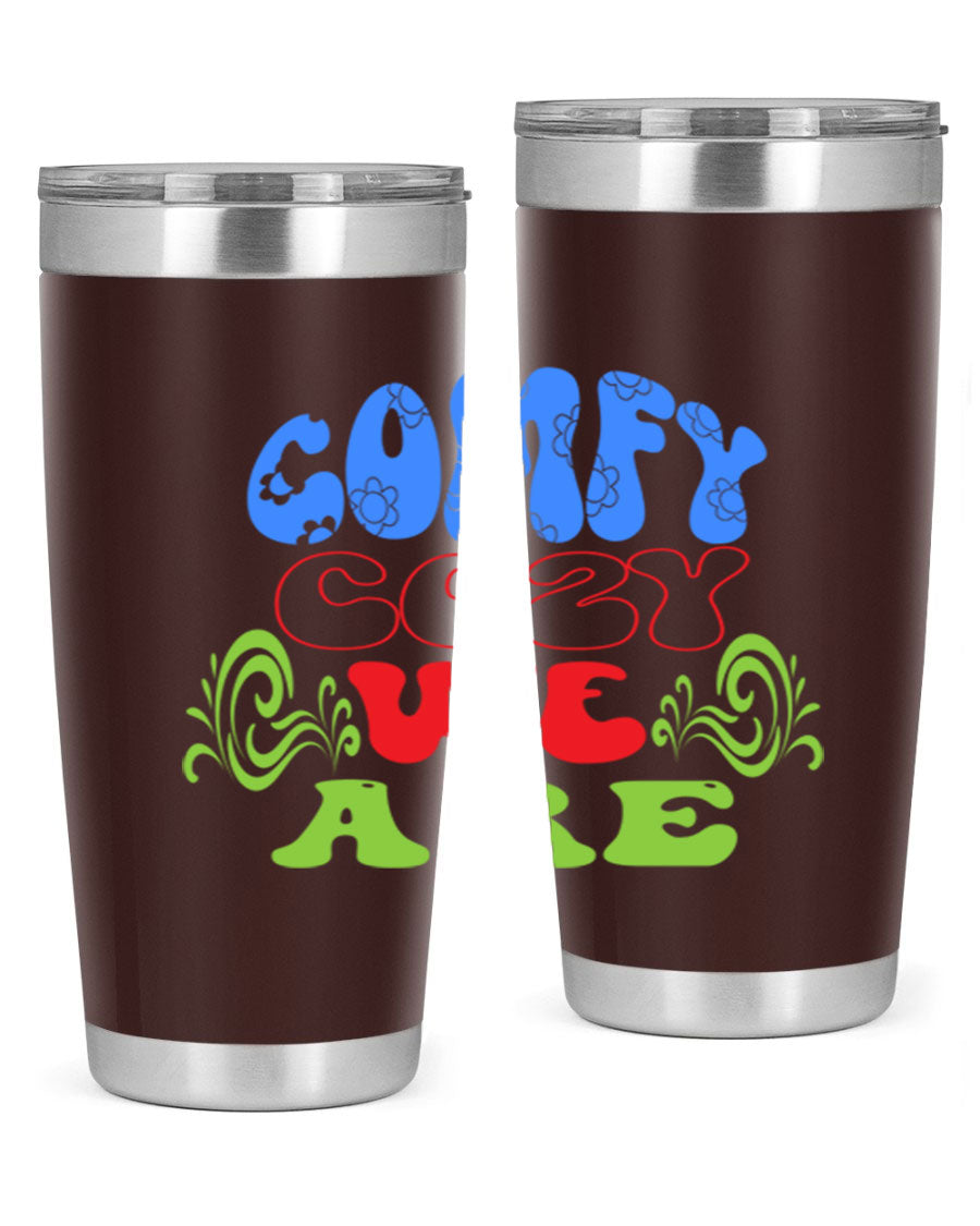 Comfy Cozy We Are 58# Winter Tumbler in stainless steel with a drink-thru lid, showcasing its sleek design and vibrant print.