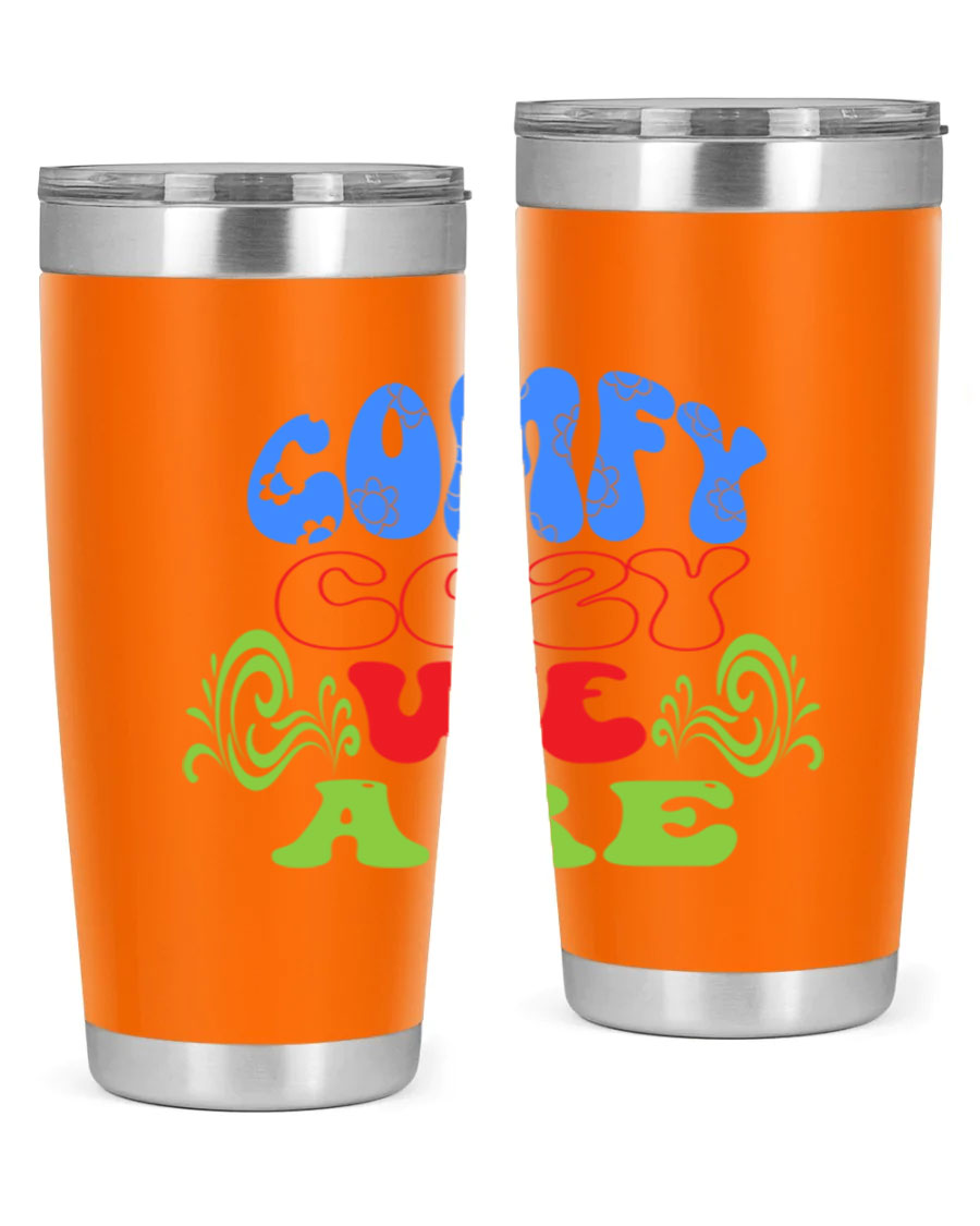 Comfy Cozy We Are 58# Winter Tumbler in stainless steel with a drink-thru lid, showcasing its sleek design and vibrant print.