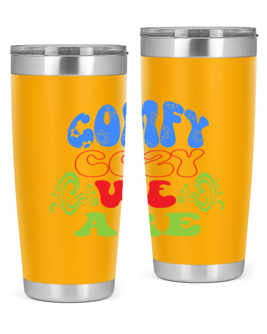 Comfy Cozy We Are 58# Winter Tumbler in stainless steel with a drink-thru lid, showcasing its sleek design and vibrant print.