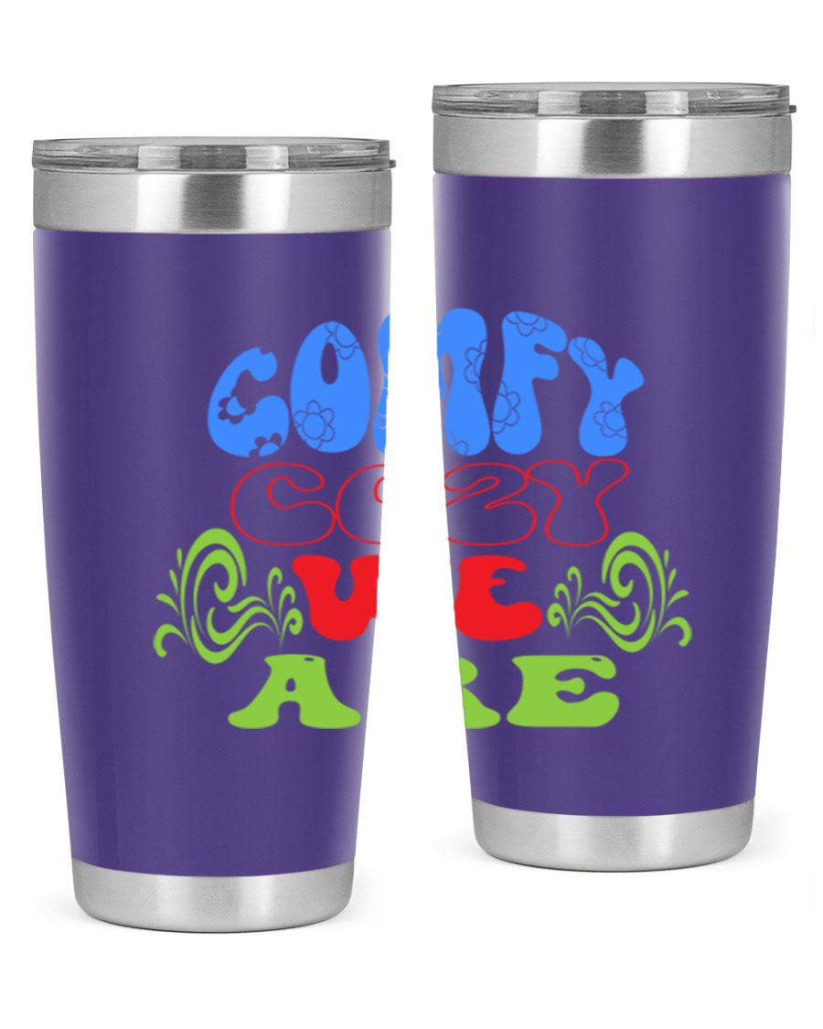 Comfy Cozy We Are 58# Winter Tumbler in stainless steel with a drink-thru lid, showcasing its sleek design and vibrant print.