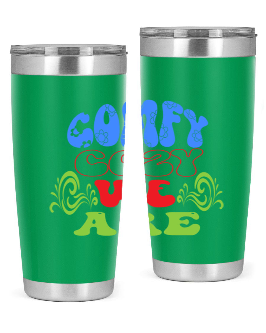 Comfy Cozy We Are 58# Winter Tumbler in stainless steel with a drink-thru lid, showcasing its sleek design and vibrant print.