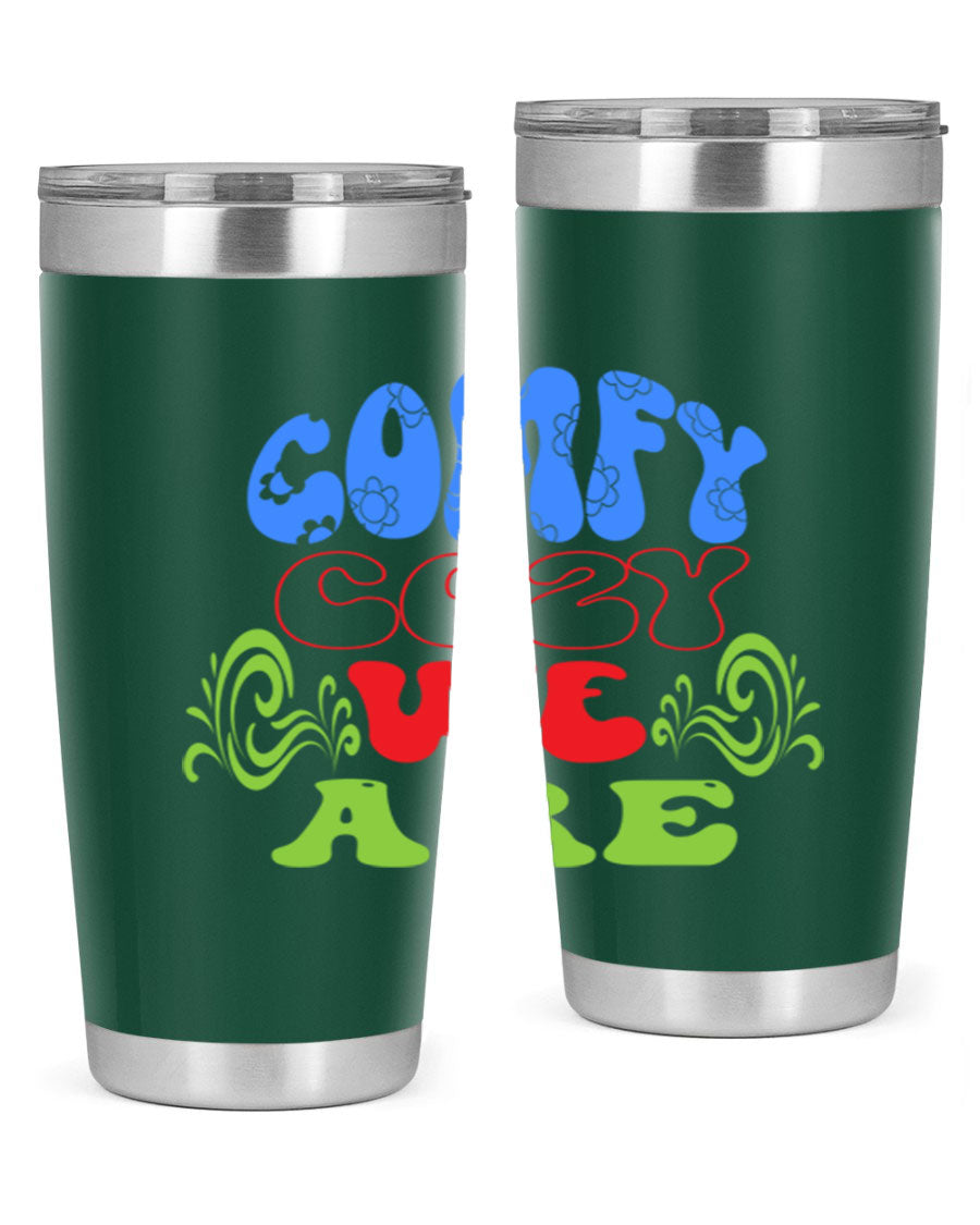 Comfy Cozy We Are 58# Winter Tumbler in stainless steel with a drink-thru lid, showcasing its sleek design and vibrant print.