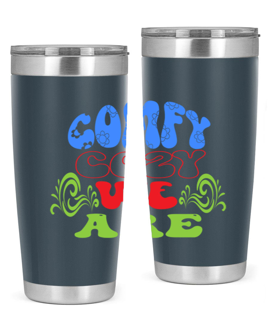 Comfy Cozy We Are 58# Winter Tumbler in stainless steel with a drink-thru lid, showcasing its sleek design and vibrant print.