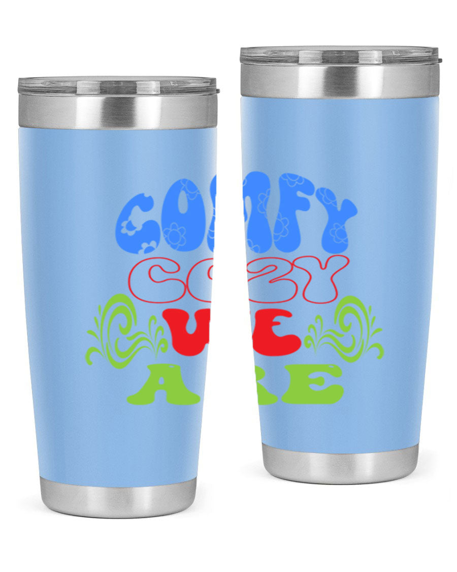 Comfy Cozy We Are 58# Winter Tumbler in stainless steel with a drink-thru lid, showcasing its sleek design and vibrant print.