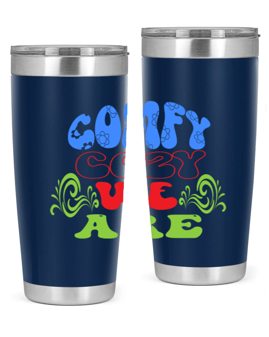 Comfy Cozy We Are 58# Winter Tumbler in stainless steel with a drink-thru lid, showcasing its sleek design and vibrant print.