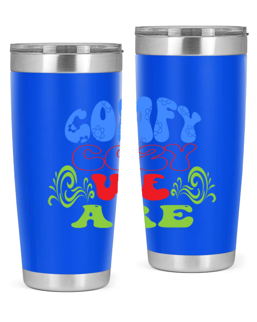 Comfy Cozy We Are 58# Winter Tumbler in stainless steel with a drink-thru lid, showcasing its sleek design and vibrant print.