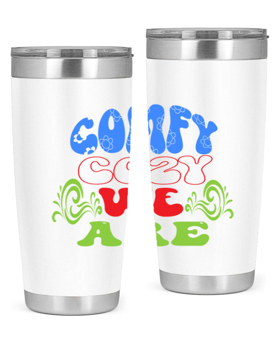 Comfy Cozy We Are 58# Winter Tumbler in stainless steel with a drink-thru lid, showcasing its sleek design and vibrant print.