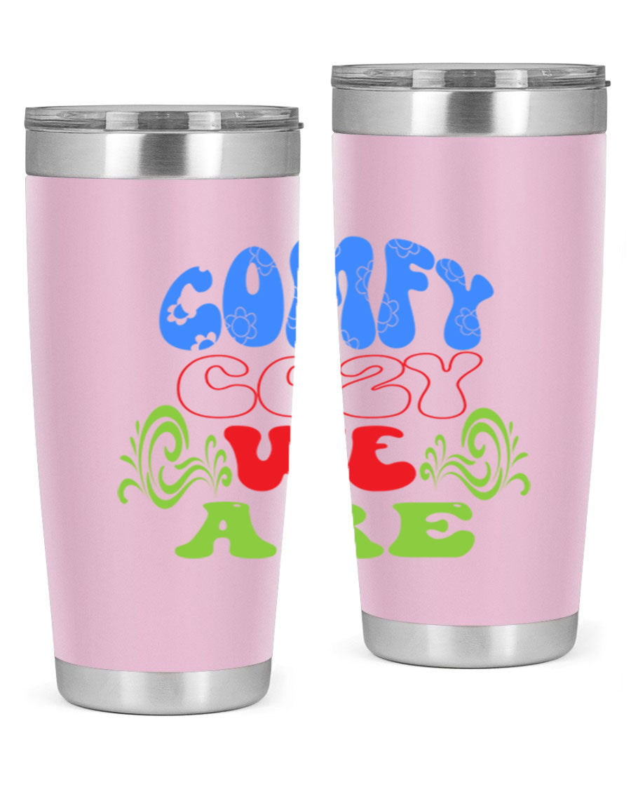 Comfy Cozy We Are 58# Winter Tumbler in stainless steel with a drink-thru lid, showcasing its sleek design and vibrant print.