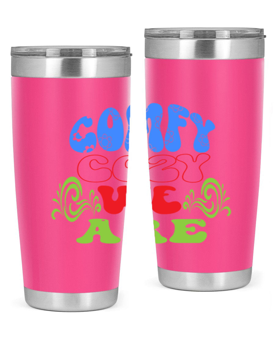 Comfy Cozy We Are 58# Winter Tumbler in stainless steel with a drink-thru lid, showcasing its sleek design and vibrant print.