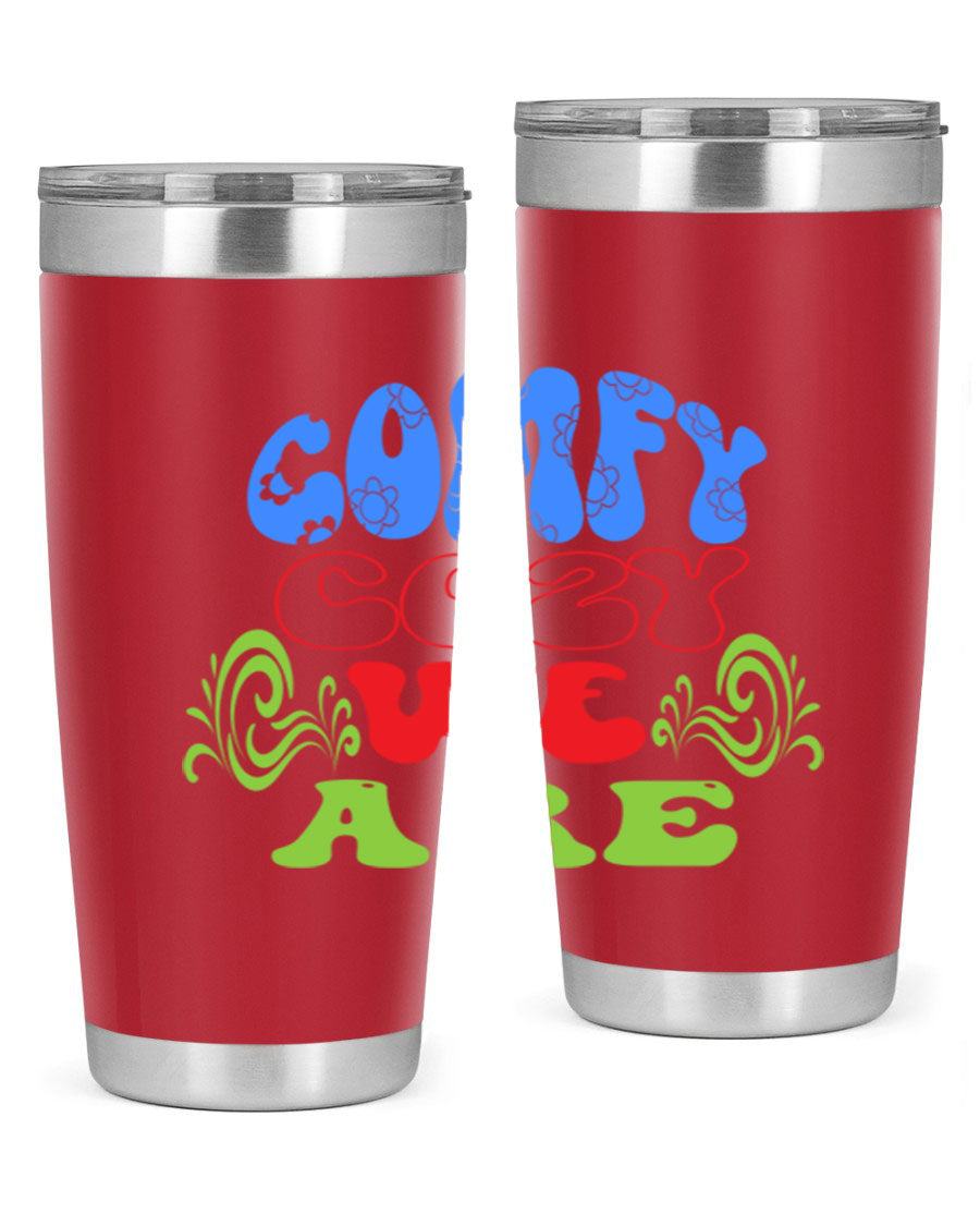 Comfy Cozy We Are 58# Winter Tumbler in stainless steel with a drink-thru lid, showcasing its sleek design and vibrant print.