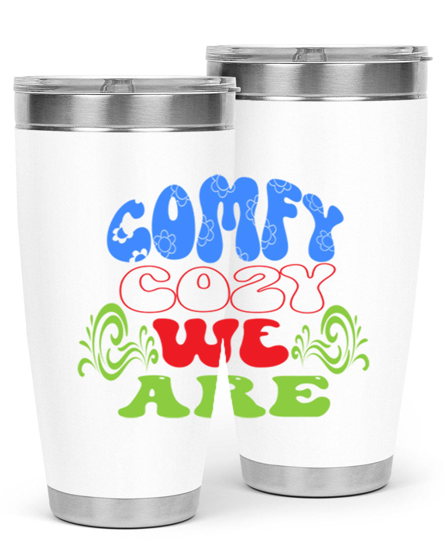 Comfy Cozy We Are 58# Winter Tumbler in stainless steel with a drink-thru lid, showcasing its sleek design and vibrant print.