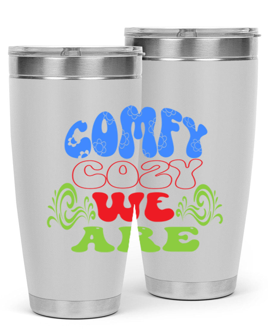Comfy Cozy We Are 58# Winter Tumbler in stainless steel with a drink-thru lid, showcasing its sleek design and vibrant print.