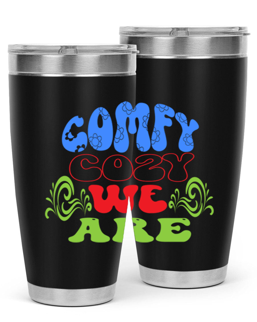 Comfy Cozy We Are 58# Winter Tumbler in stainless steel with a drink-thru lid, showcasing its sleek design and vibrant print.