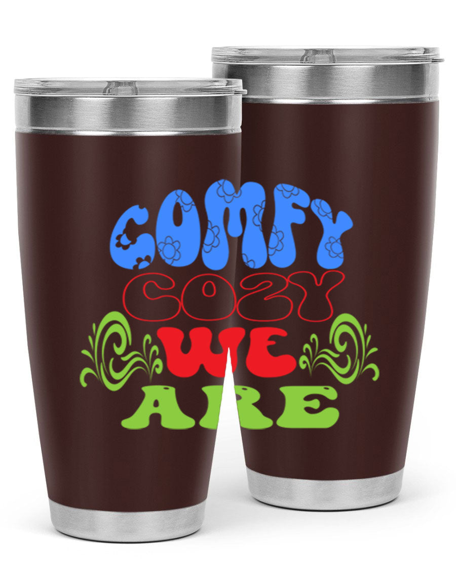 Comfy Cozy We Are 58# Winter Tumbler in stainless steel with a drink-thru lid, showcasing its sleek design and vibrant print.