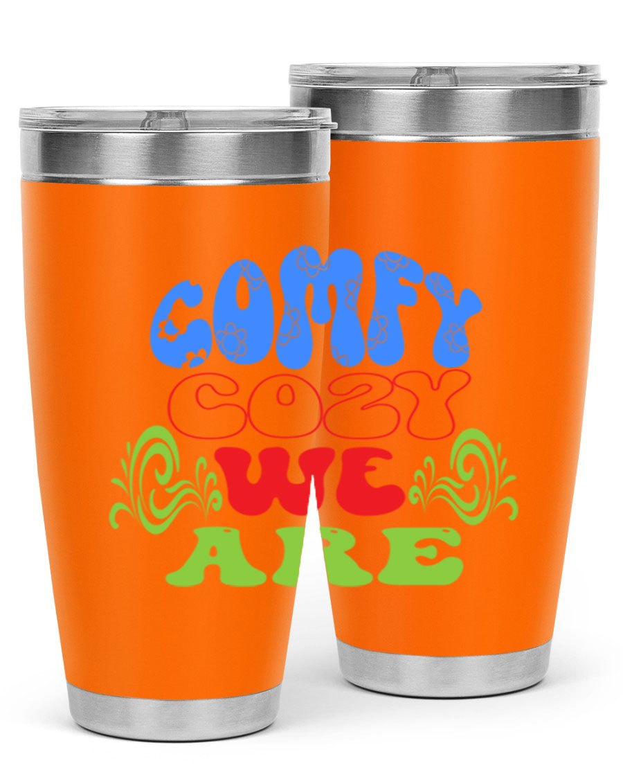 Comfy Cozy We Are 58# Winter Tumbler in stainless steel with a drink-thru lid, showcasing its sleek design and vibrant print.