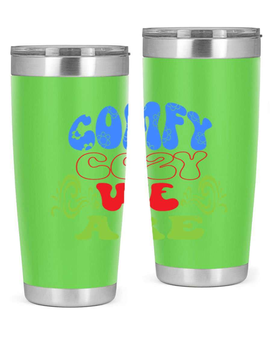 Comfy Cozy We Are 58# Winter Tumbler in stainless steel with a drink-thru lid, showcasing its sleek design and vibrant print.