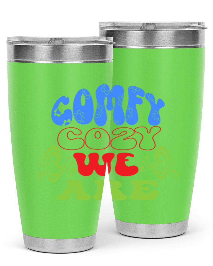 Comfy Cozy We Are 58# Winter Tumbler in stainless steel with a drink-thru lid, showcasing its sleek design and vibrant print.