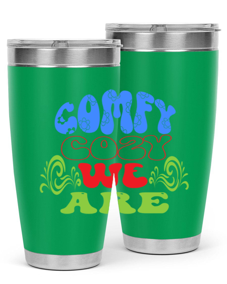 Comfy Cozy We Are 58# Winter Tumbler in stainless steel with a drink-thru lid, showcasing its sleek design and vibrant print.