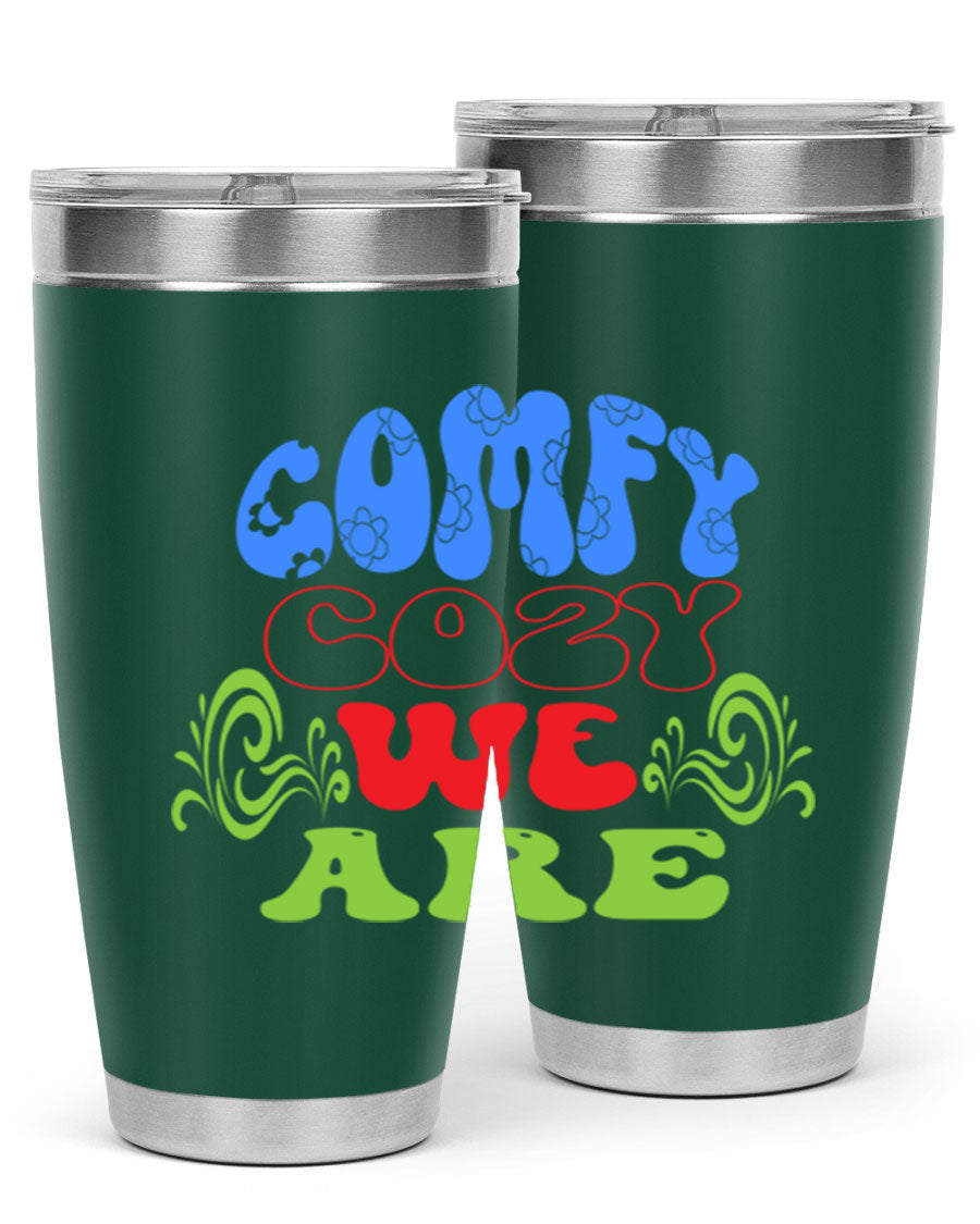 Comfy Cozy We Are 58# Winter Tumbler in stainless steel with a drink-thru lid, showcasing its sleek design and vibrant print.